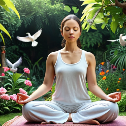 Home 12 ** A serene woman meditating in a lush garden, surrounded by colorful flowers and birds. Soft, natural lighting and a peaceful atmosphere. Focus on her inner calm and connection with nature.
**