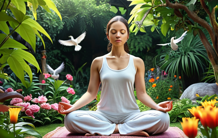 ** A serene woman meditating in a lush garden, surrounded by colorful flowers and birds. Soft, natural lighting and a peaceful atmosphere. Focus on her inner calm and connection with nature.
**