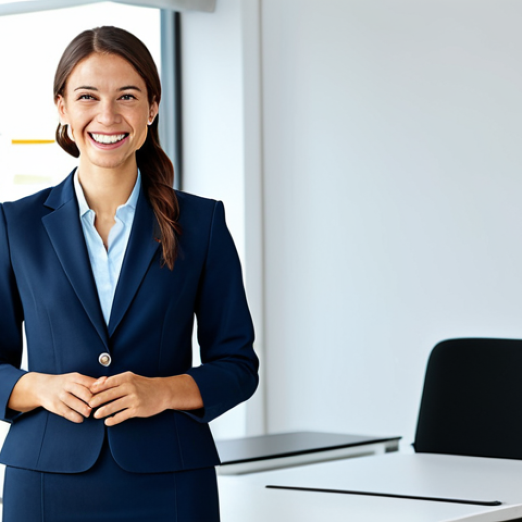"A successful businesswoman in a bright, modern office, giving a presentation. She is wearing a professional blazer and skirt, fully clothed, and smiling confidently. Perfect anatomy, well-formed hands, natural pose, appropriate content, safe for work, professional."