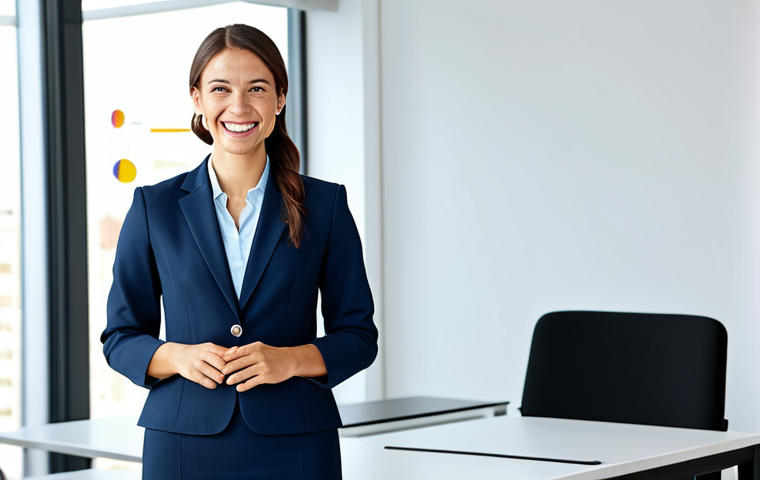 "A successful businesswoman in a bright, modern office, giving a presentation. She is wearing a professional blazer and skirt, fully clothed, and smiling confidently. Perfect anatomy, well-formed hands, natural pose, appropriate content, safe for work, professional."