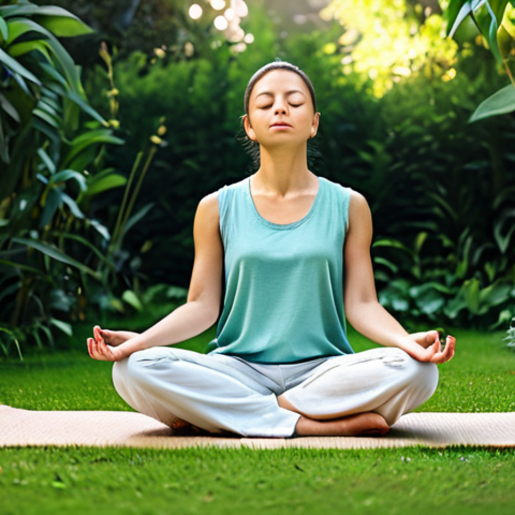Serene Woman Meditating Outdoors**

"A woman in comfortable, modest clothing sits in a peaceful garden, eyes closed in meditation, practicing mindfulness, fully clothed, appropriate content, safe for work, perfect anatomy, natural pose, lush greenery, soft lighting, professional photography, high quality, tranquil scene."

**