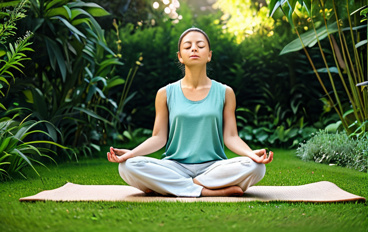 Serene Woman Meditating Outdoors**

"A woman in comfortable, modest clothing sits in a peaceful garden, eyes closed in meditation, practicing mindfulness, fully clothed, appropriate content, safe for work, perfect anatomy, natural pose, lush greenery, soft lighting, professional photography, high quality, tranquil scene."

**