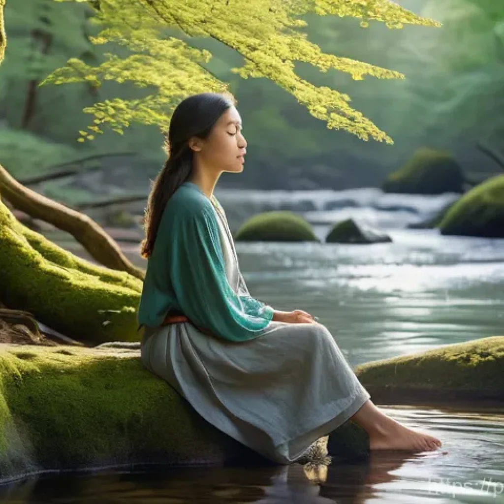 내면의 지혜와 인간성의 관계 - **Prompt:** A young woman, dressed in a loose, comfortable long-sleeved top and flowing linen trouse...