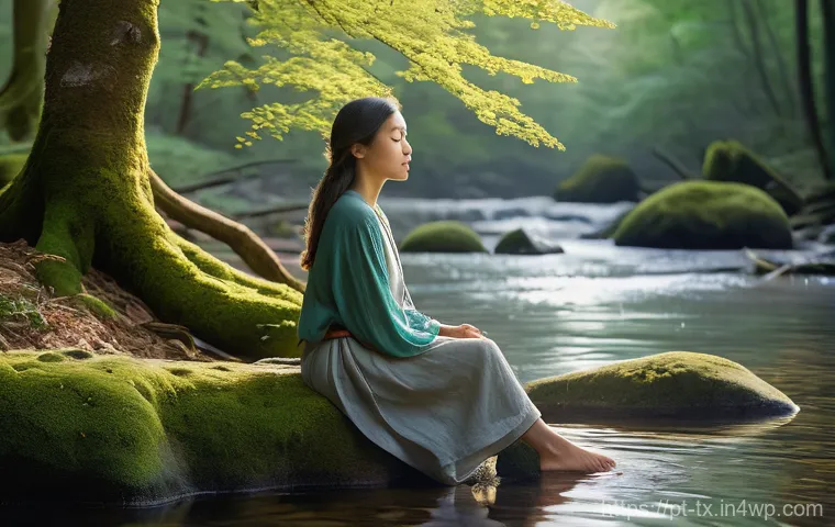 내면의 지혜와 인간성의 관계 - **Prompt:** A young woman, dressed in a loose, comfortable long-sleeved top and flowing linen trouse...