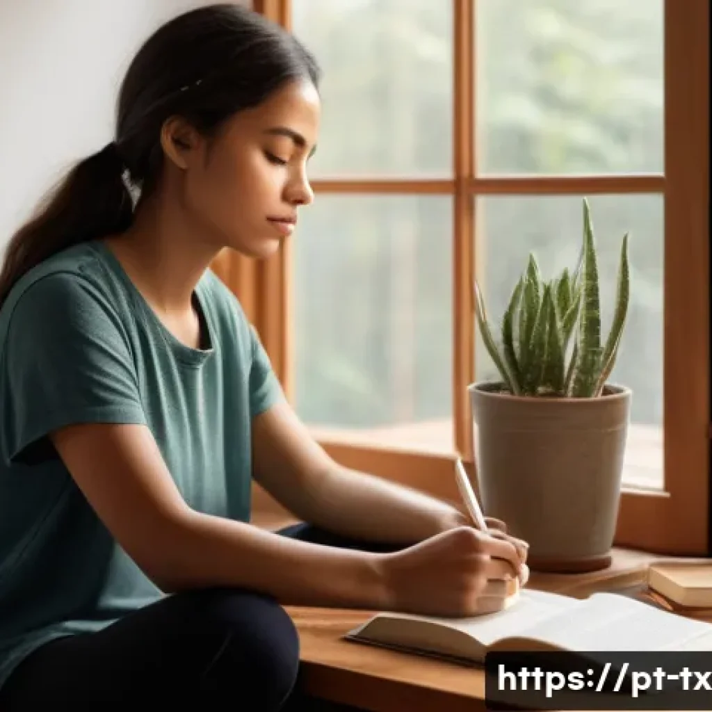 자아 탐색을 통한 내면의 지혜 발견하기 - A serene indoor scene showing a young adult woman sitting comfortably in a cozy, softly lit room fil...
