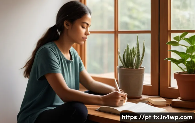 자아 탐색을 통한 내면의 지혜 발견하기 - A serene indoor scene showing a young adult woman sitting comfortably in a cozy, softly lit room fil...