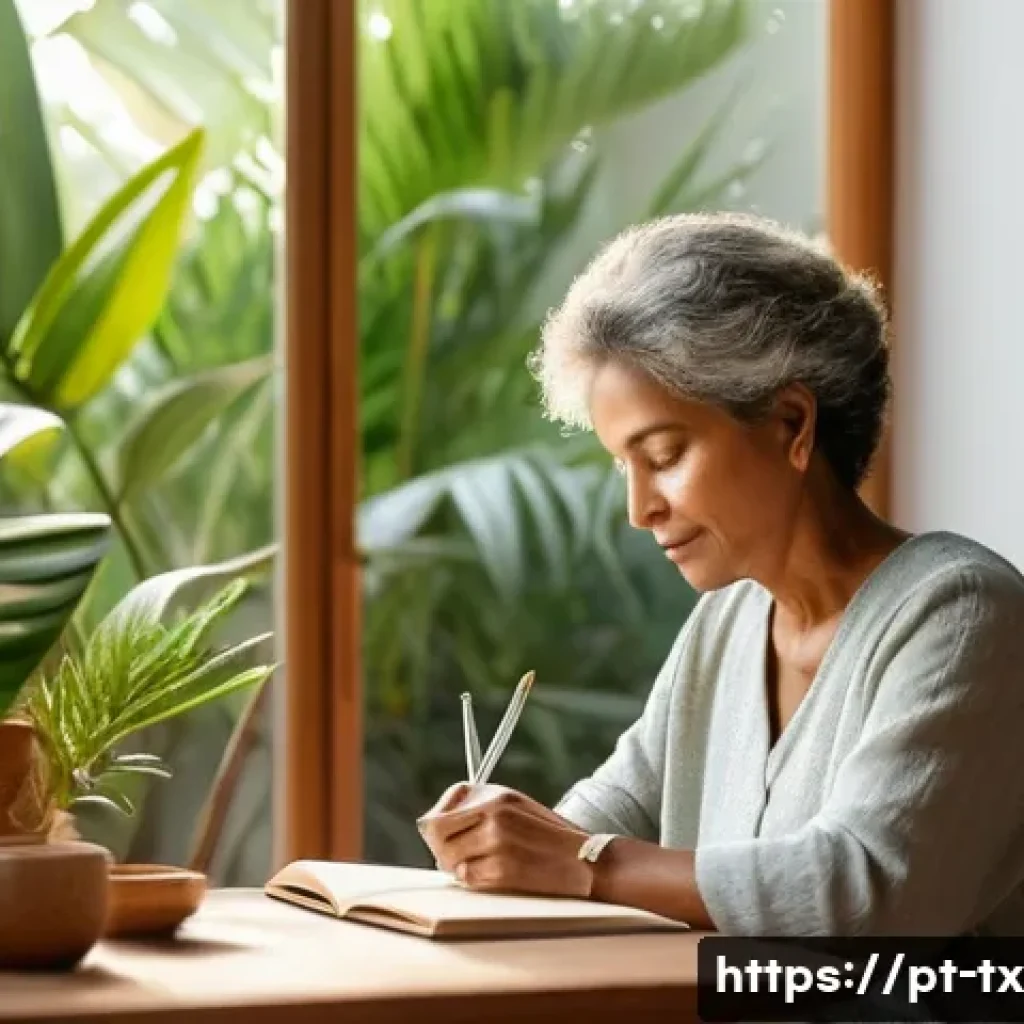 내면의 지혜와 삶의 목적 탐구 - A serene and introspective scene of a middle-aged Brazilian woman sitting comfortably in a cozy, sun...
