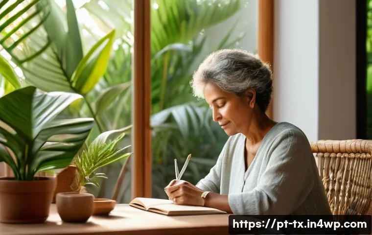 내면의 지혜와 삶의 목적 탐구 - A serene and introspective scene of a middle-aged Brazilian woman sitting comfortably in a cozy, sun...