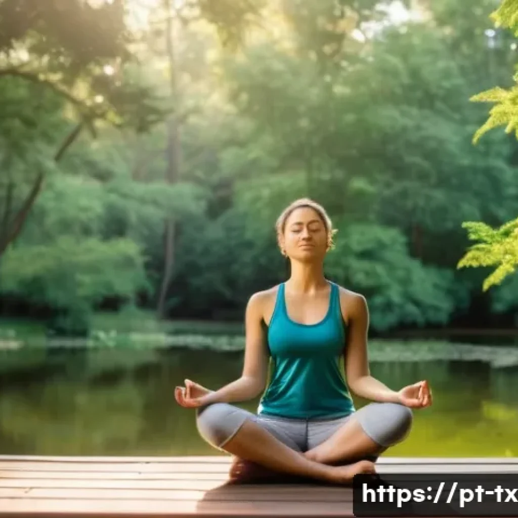 내면의 지혜를 통한 인생의 전환점 만들기 - A serene scene depicting a young adult woman sitting cross-legged on a wooden deck in a lush green p...