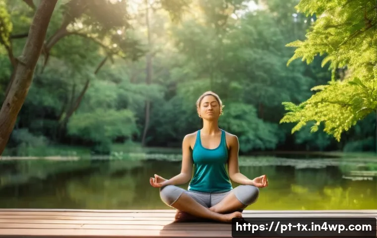 내면의 지혜를 통한 인생의 전환점 만들기 - A serene scene depicting a young adult woman sitting cross-legged on a wooden deck in a lush green p...