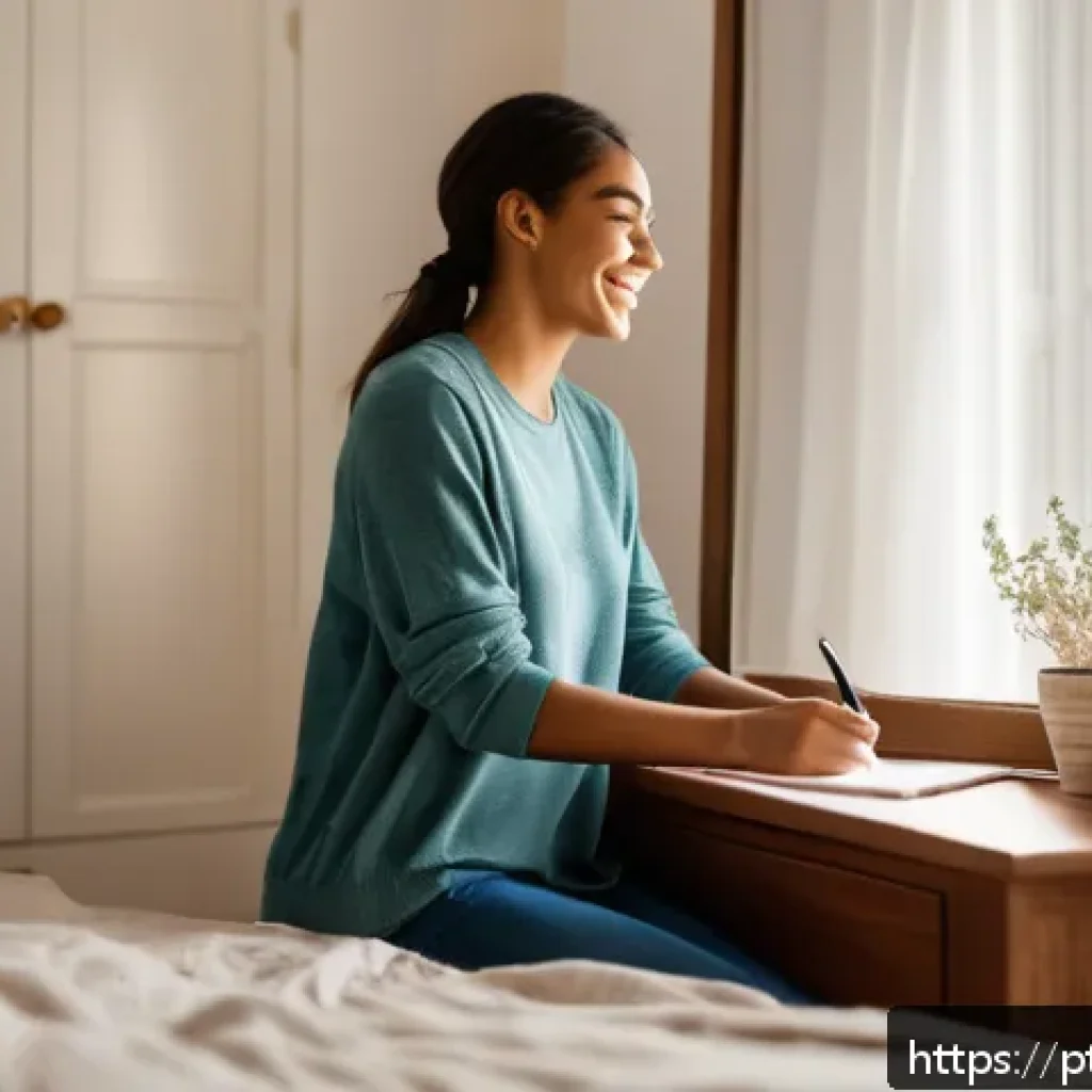 자신을 사랑하는 법 배우기 - A serene and cozy bedroom scene featuring a young adult woman practicing positive self-talk in front...
