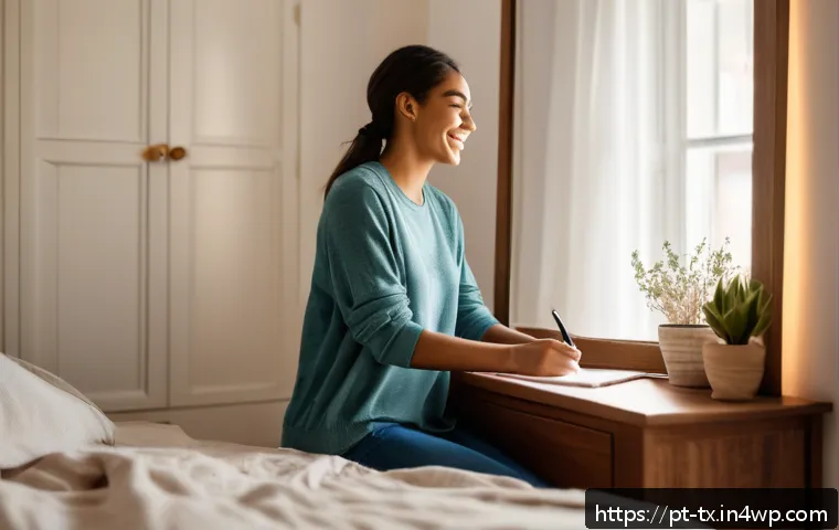 자신을 사랑하는 법 배우기 - A serene and cozy bedroom scene featuring a young adult woman practicing positive self-talk in front...
