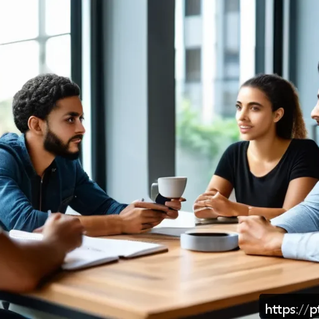 내면의 지혜를 통한 비판적 사고 발전 방법 - A diverse group of young Brazilian professionals sitting around a wooden table in a modern office, e...