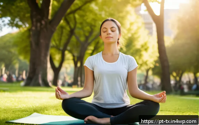 내면의 지혜를 발견하기 위한 노하우 - A serene young adult woman practicing mindful breathing outdoors in a lush urban park during early m...