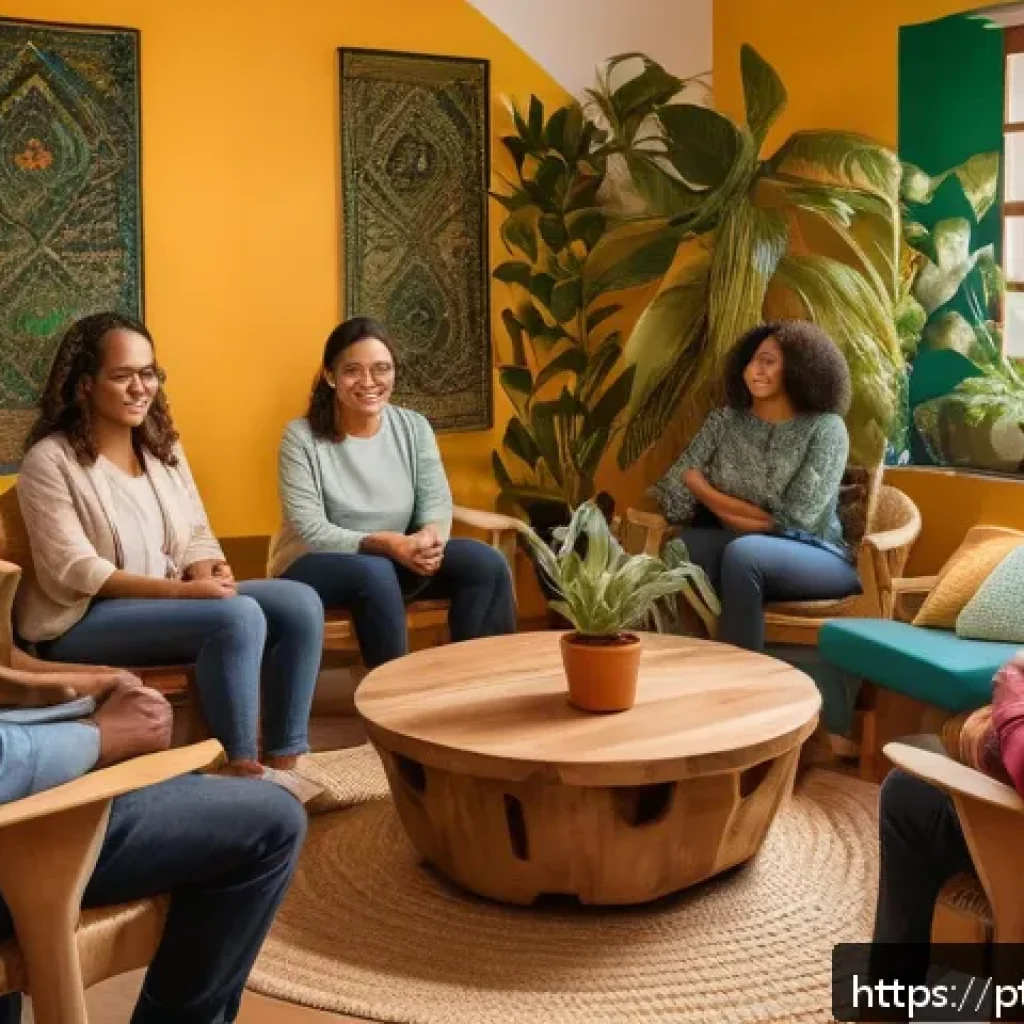 내면의 지혜를 통한 인간관계의 개선 - A warm and inviting scene depicting a diverse group of adults engaged in a heartfelt group therapy s...