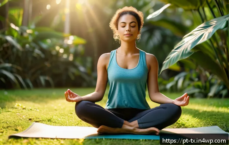 내면의 지혜와 자기 통제의 중요성 - A serene Brazilian woman practicing mindfulness meditation outdoors in a lush urban park during earl...