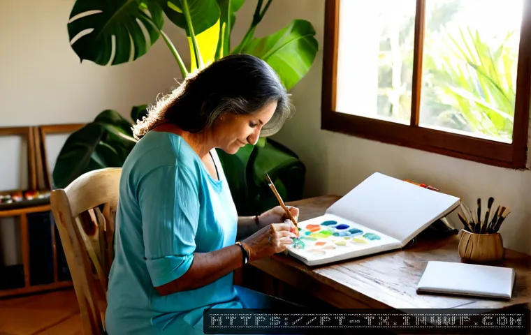 Home 17 내면의 지혜를 높이는 창의적 활동 - Photorealistic middle-aged Brazilian woman creating a colorful abstract watercolor painting in a sun...
